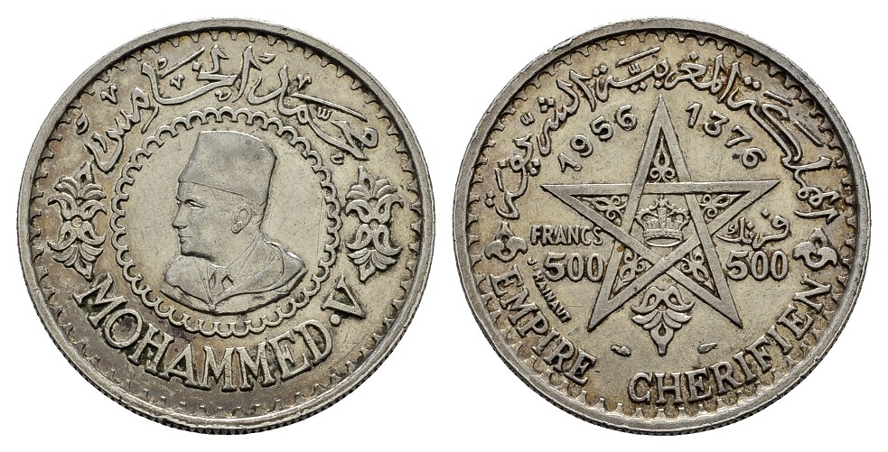  Linnartz MAROKKO Mohammed V. (1927-1955) 500 Francs 1376/1956 KM Y 54 Fast vz   