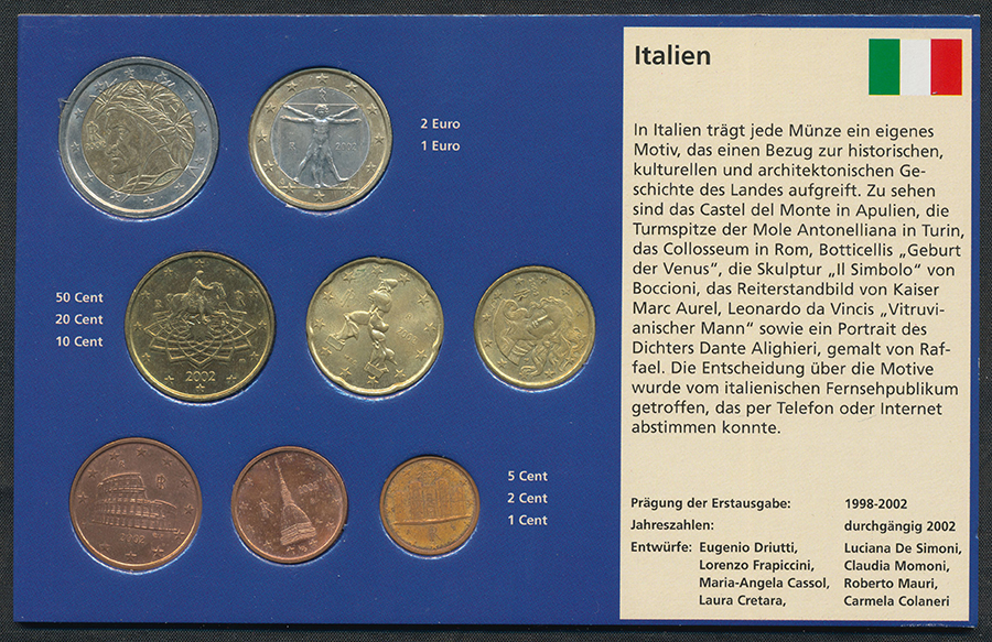  Linnartz ITALIEN, Kursmünzensatz (Prägung Erstausgabe: 1999-2001), 3,88 Euro in Hardcover - stgl   