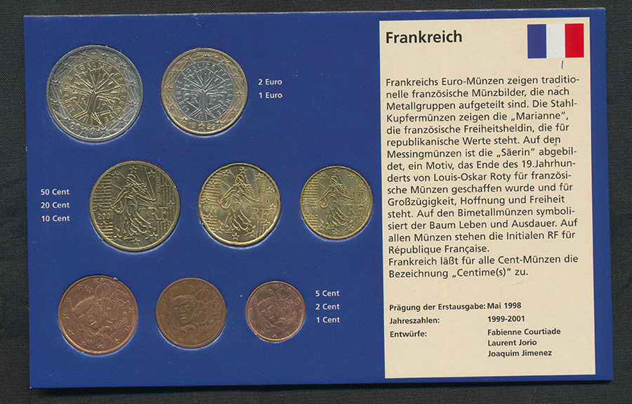  Linnartz FRANKREICH, Kursmünzensatz (Prägung Erstausgabe: 1999-2001), 3,88 Euro in Hardcover - stgl   